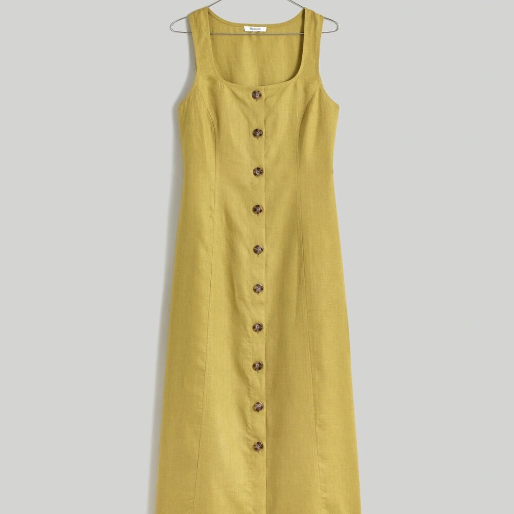 Madewell Button-Front Midi Dress in 100% Linen, Size 4